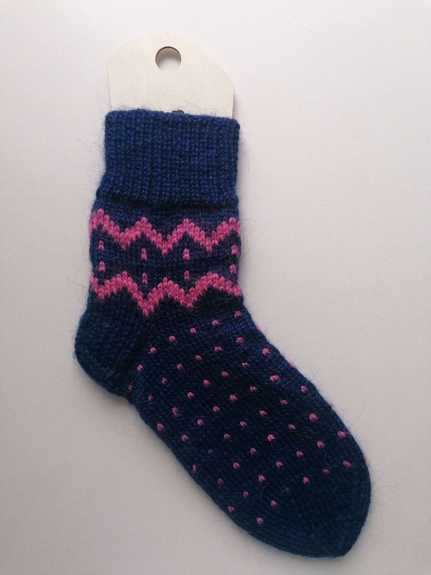 Blue socks with pink pattern