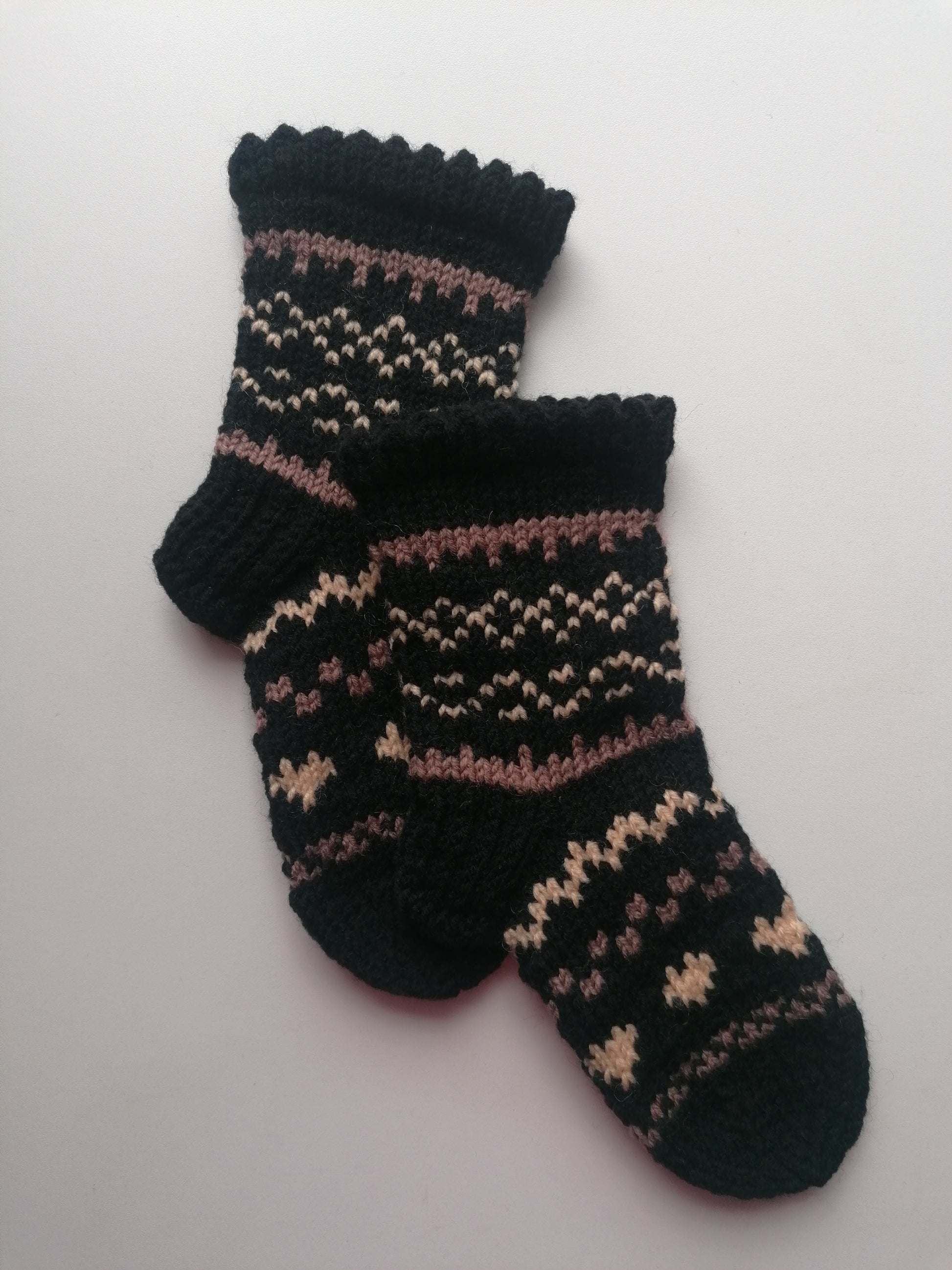 Pair of black socks with a pattern on a white background