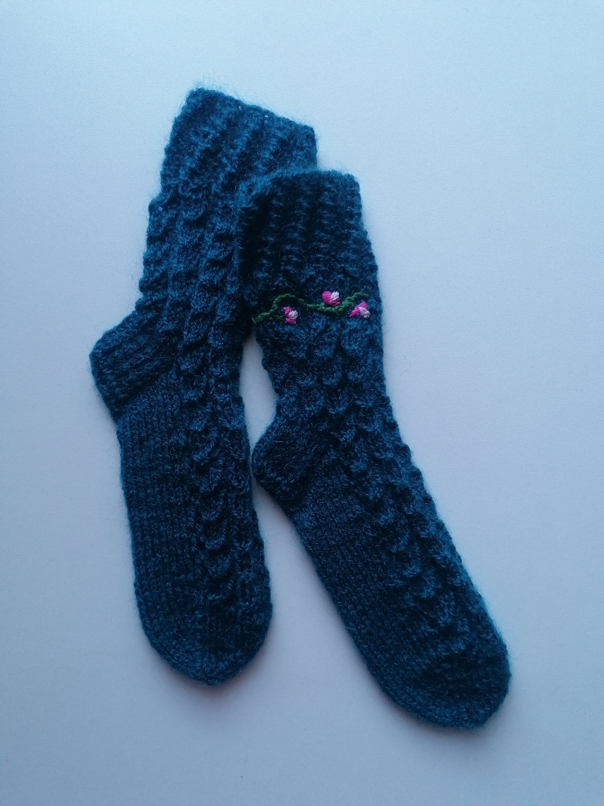 Pair of blue knitted socks with a floral design on a white background