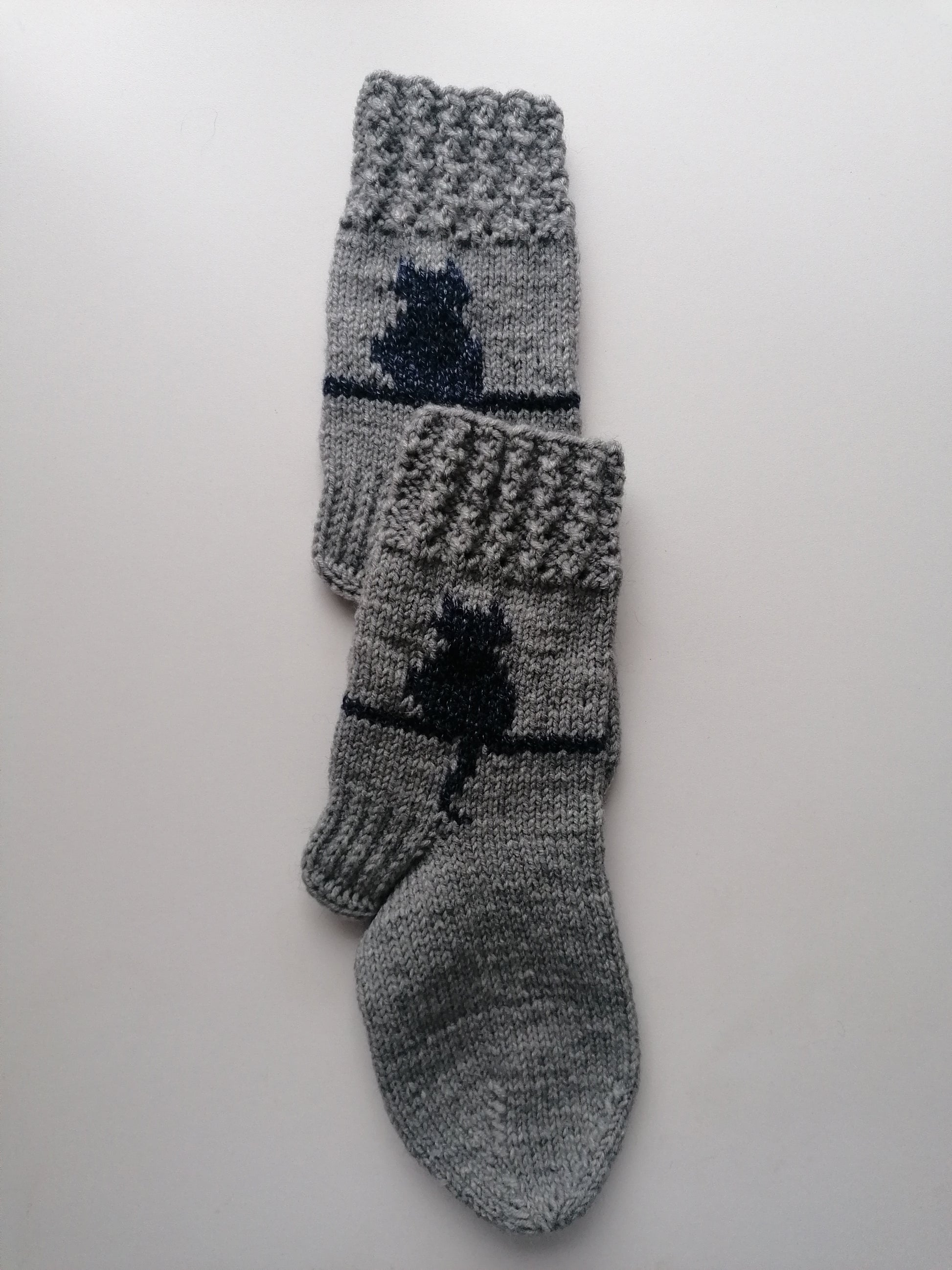 Pair of gray socks with cat design on a white background